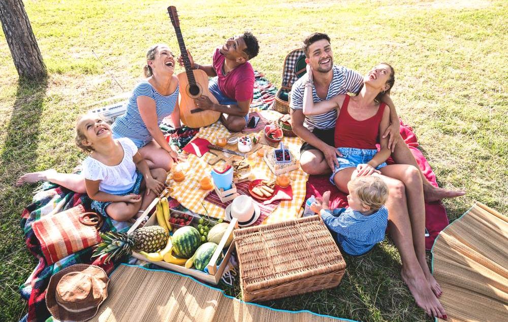 duas familias em um piquenique no parque