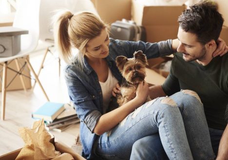 casal em meio a caixas de mudança em apartamento com cachorro no colo