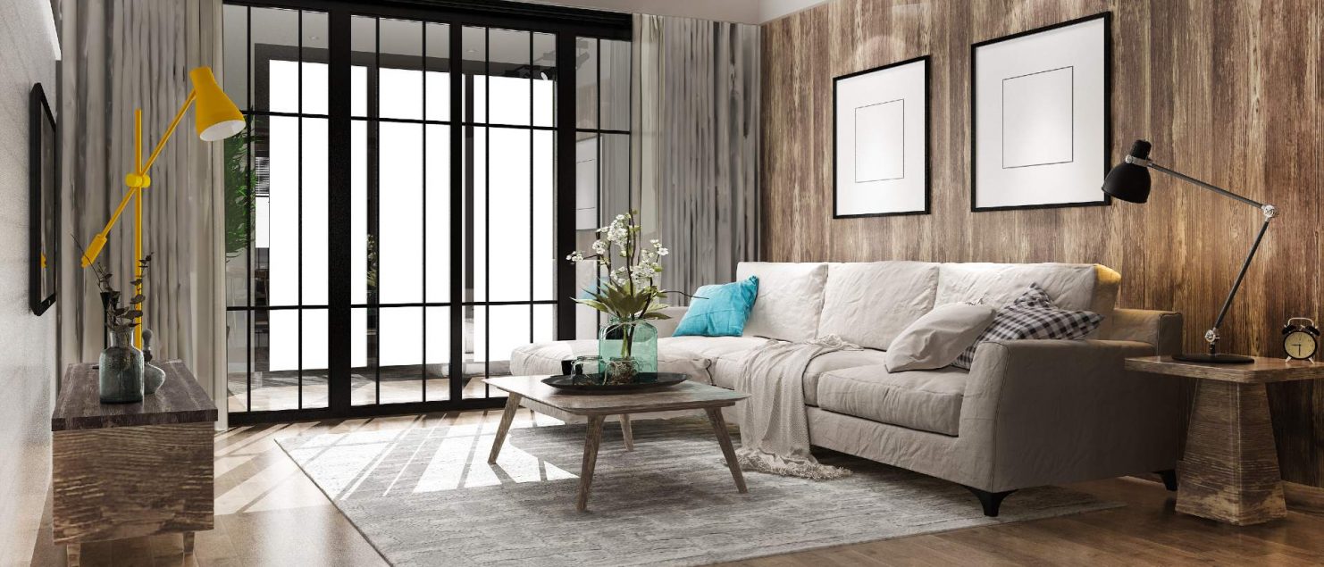 foto de sala de apartamento de luxo, com chão em vinilico, sofá cinza e grande, spots de luz no teto e uma porta de correr em preto para a varanda