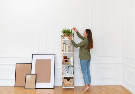 mulher jovem arrumando vaso de planta em estante fina e pequena de madeira